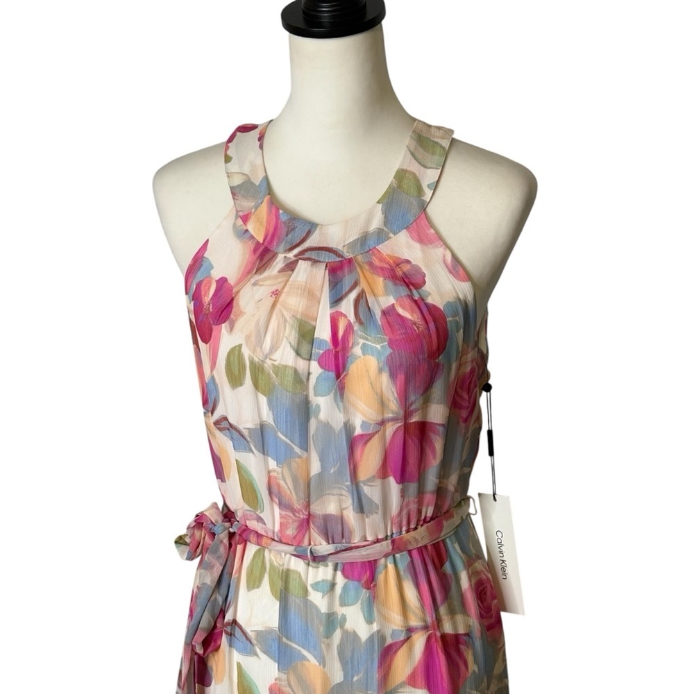 NWT Calvin Klein Floral Halter Neck Chiffon Maxi Dress Size 4 Pink Multi Lined - Picture 3 of 11